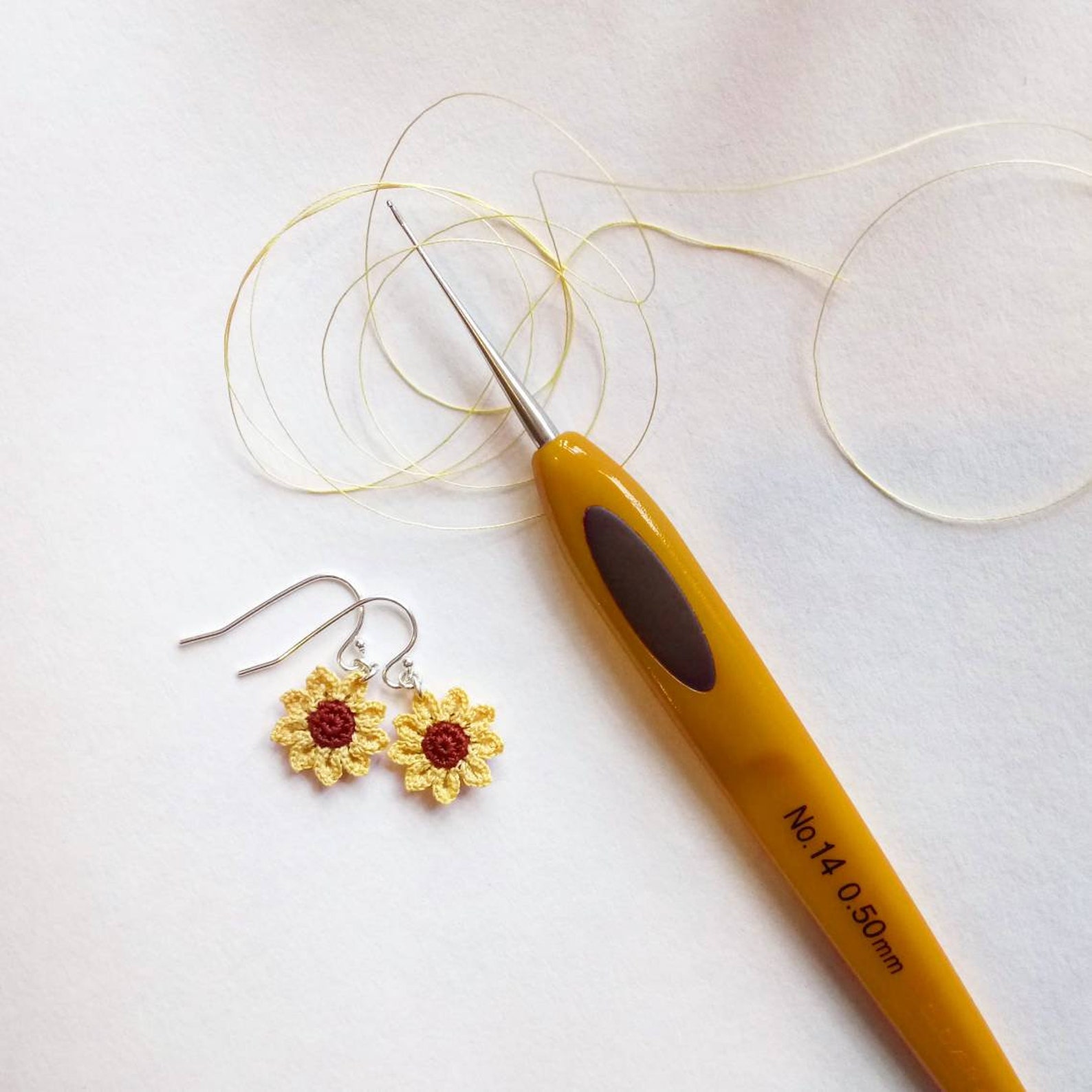 Sunflower Crochet Earrings Microcrochet Flower Earrings Tiny Etsy