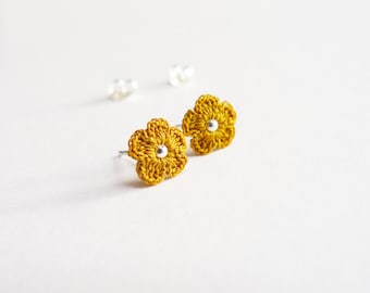 Mustard Yellow Crochet Flower Ear Studs, Sterling Silver, Tiny Lace Textile jewellery, Stud Earrings, Wedding, Bridesmaid, Flower Girl