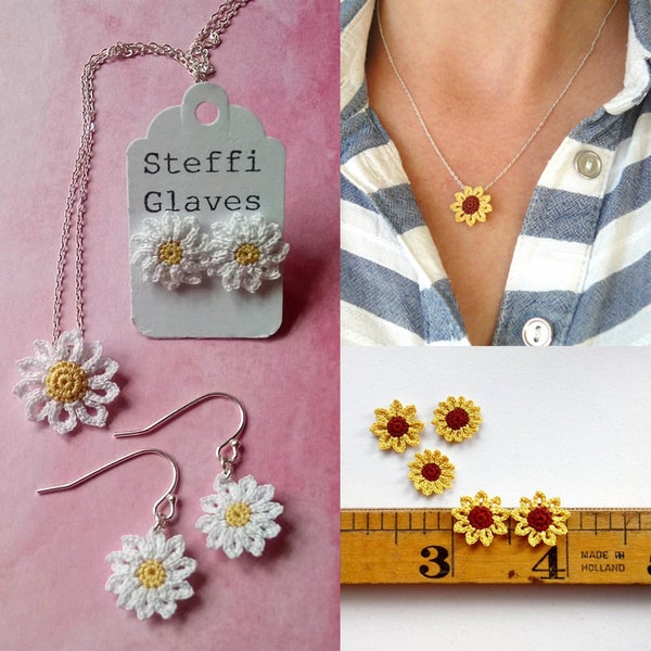 Modèle de bijoux marguerites et tournesols au micro-crochet, tutoriel pour faire des fleurs au crochet, modèle PDF au crochet à télécharger