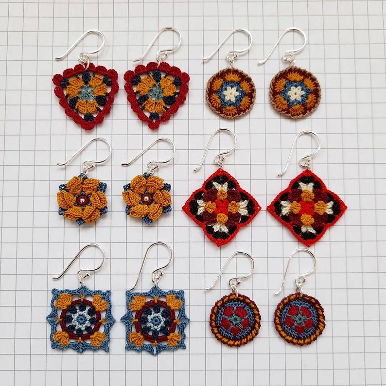 Micro crochet triangle earrings, yellow red and blue, scalopped edge lace earrings, sterling silver textile jewellery, cotton anniversary image 6