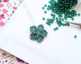 Green flower pendant, crochet flower pendant, micro crochet floral jewellery, Boho folk pendant, Bridesmaid gift, cotton anniversary gift