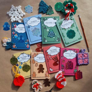 Christmas Crochet Pattern Sticker Card: Angel, Tree, Wreath, Bauble, Gingerbread Person, SnowFlake, Gift (US/UK Terms)