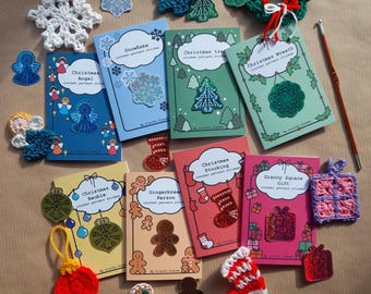 Christmas Crochet Pattern Sticker Card: Angel, Tree, Wreath, Bauble, Gingerbread Person, SnowFlake, Gift (US/UK Terms)