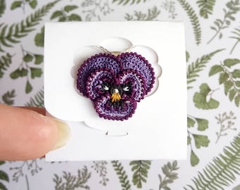 Pansy Pendant, Crochet Purple Pansy, Micro Crochet Jewellery, Sterling Silver Cotton Bridesmaid, Wedding, Cotton Anniversary, made to order