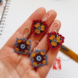 Micro crochet triangle earrings, yellow red and blue, scalopped edge lace earrings, sterling silver textile jewellery, cotton anniversary image 5