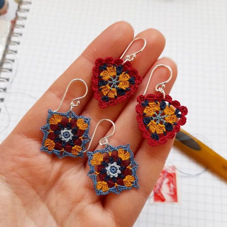 Micro crochet triangle earrings, yellow red and blue, scalopped edge lace earrings, sterling silver textile jewellery, cotton anniversary image 5