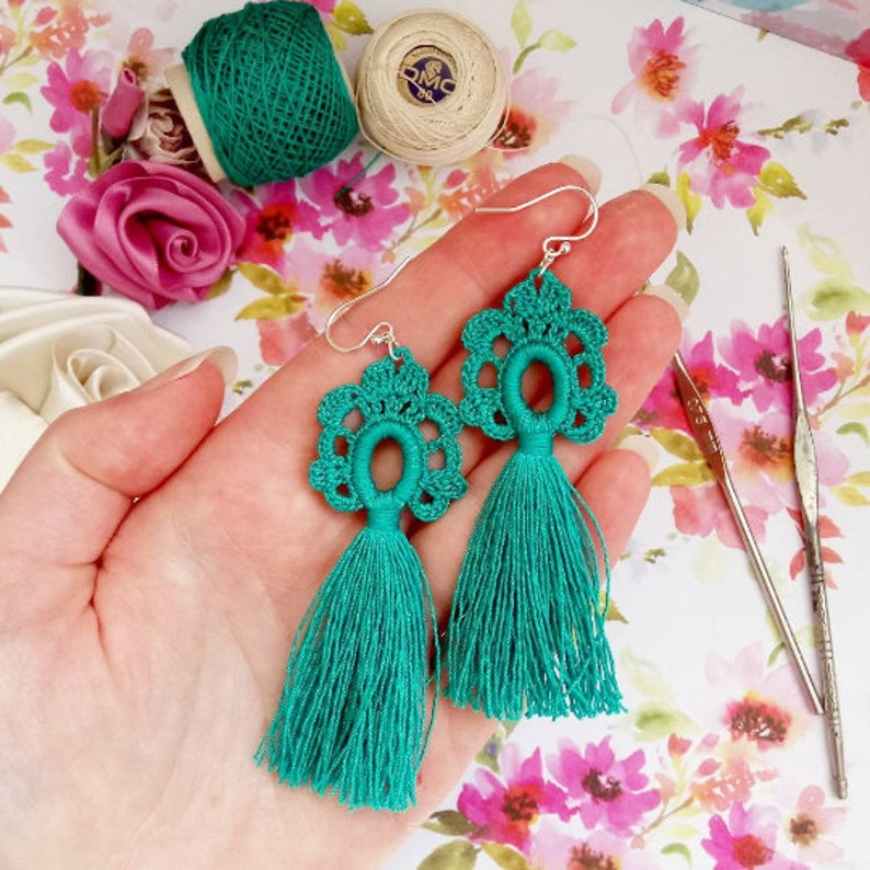 Crochet pattern tassel earrings, dip dye tassel earrings tutorial, crochet PDF pattern digital download. image 4