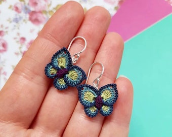 Crochet butterfly earrings, micro crochet butterflies, cotton anniversary gift, sterling silver, customisable colours, gifts for crafters