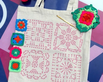 Cotton Tote Bag with Screenprinted Crochet Diagram Design + free Digital PDF Crochet Pattern, Granny Square print, bag for life