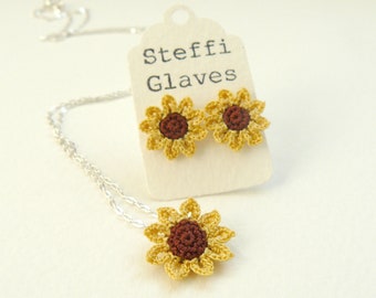 Sunflower Pendant, Crochet Sunflower Pendant, Small Flower Pendant, Summer Jewellery, Lace Jewellery, Yellow Flower Necklace, Folk, Boho