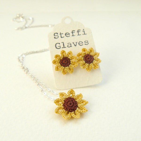 Sunflower Pendant, Crochet Sunflower Pendant, Small Flower Pendant, Summer Jewellery, Lace Jewellery, Yellow Flower Necklace, Folk, Boho