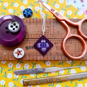 Crochet Granny Square Pendant, Purple Crochet Lace Pendant, Lilac Square Necklace, Keepsake Necklace, Crochet Jewellery