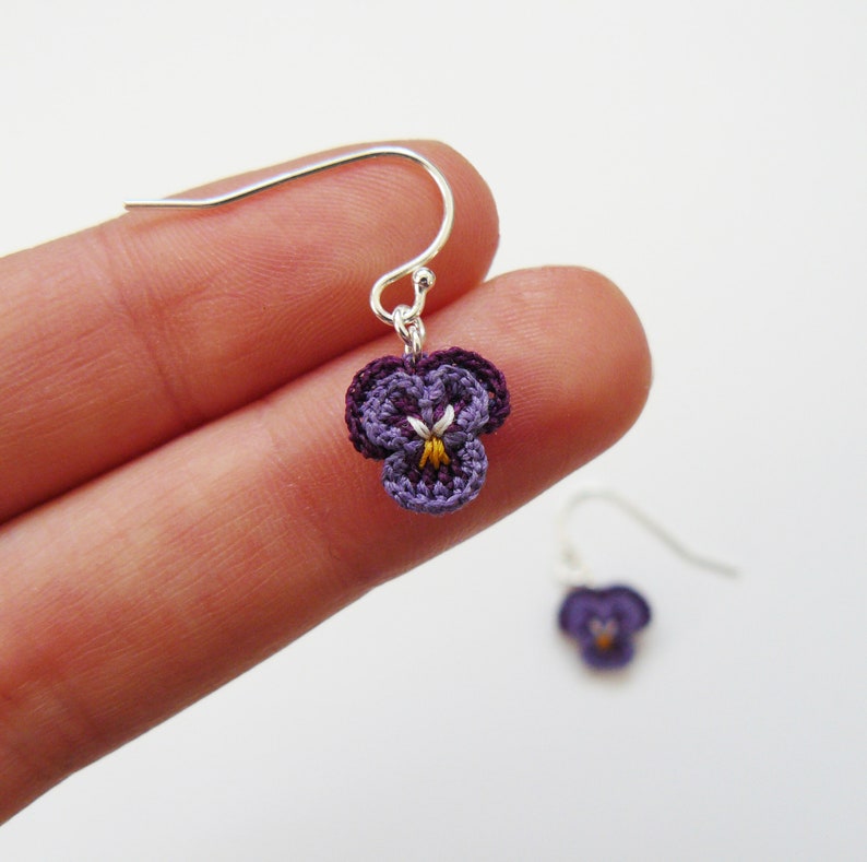 Pansy earrings, Crochet Pansy earrings, Crochet lace, Sterling silver, Flower jewellery, Embroidered jewellery, Wedding jewellery image 2