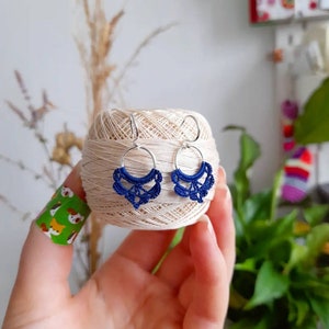 Crochet hoop earrings, royal blue crochet earrings, sterling silver hoops, gifts for crocheters, micro crochet jewellery, gifts for knitters image 3
