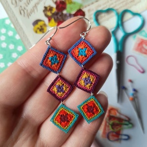 Granny square earrings, micro crochet granny squares, multi colour crochet earrings, long granny square earrings