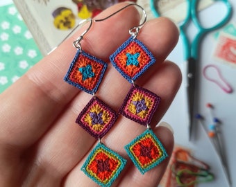 Granny square earrings, micro crochet granny squares, multi colour crochet earrings, long granny square earrings