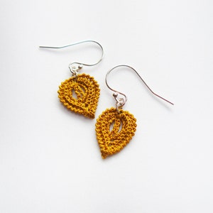 Mustard Yellow Crochet Leaf Earrings, Lace Earrings, Yellow Crochet Earrings, Autumn Leaf, Sterling Silver