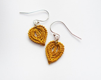 Mustard Yellow Crochet Leaf Earrings, Lace Earrings, Yellow Crochet Earrings, Autumn Leaf, Sterling Silver