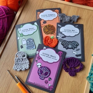 Halloween Crochet Pattern Sticker Card: Pumpkin, Skull, Bat, Ghost
