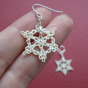 Snowflake Lace Earrings, Crochet Snowflake Earrings, Freshwater Pearl earrings, Chrismas Earrings, Christmas Gift, Cotton, Sterling Silver
