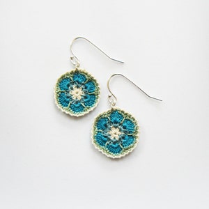 Crochet Lace Turquoise Blue And Green African Flower Earrings - Sterling Silver - Textile jewellery - Micro Crochet - Cotton Lace Jewellery