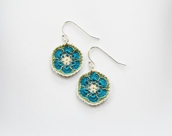 Crochet Lace Turquoise Blue And Green African Flower Earrings - Sterling Silver - Textile jewellery - Micro Crochet - Cotton Lace Jewellery