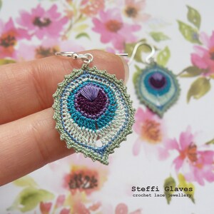 peacock feather earring crochet pattern, crochet feather earring tutorial, micro crochet pattern, instant digital download image 5