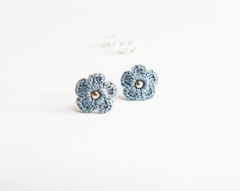 Dusky Blue Flower Ear Studs, Crochet Lace Earrings, Cotton jewellery, Second Wedding Anniversary, Flower Girl, Bridesmaid, Something Blue