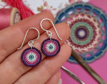 Crochet circle earrings, micro crochet earrings, crochet pink and purple earrings, crochet drop earrings, sterling silver, tiny crochet