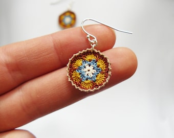Crochet Lace Yellow And Blue African Flower Earrings, Mustard Yellow Jewellery, Micro Crochet, Sterling Silver, vintage lace