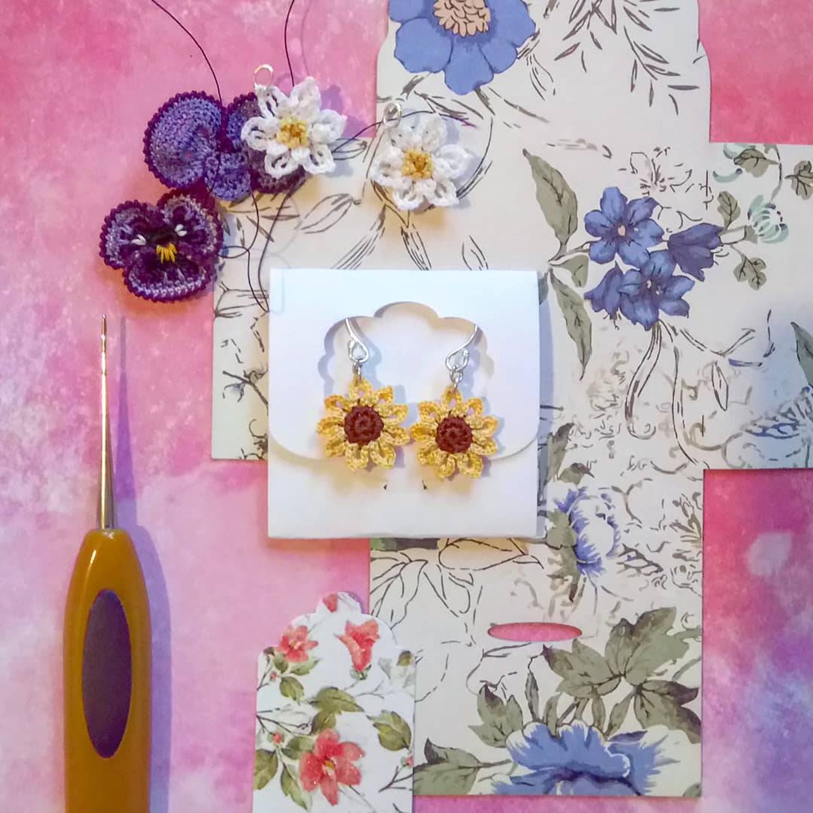 Sunflower Crochet Earrings Microcrochet Flower Earrings Tiny Etsy