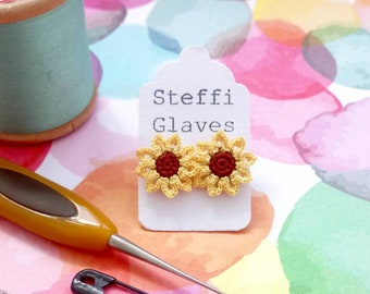 Sunflower Ear Studs, Crochet Sunflower Ear Studs, Yellow Flower Ear studs, Sunflower Earrings, Crochet Flower Jewellery, Cotton Anniversary