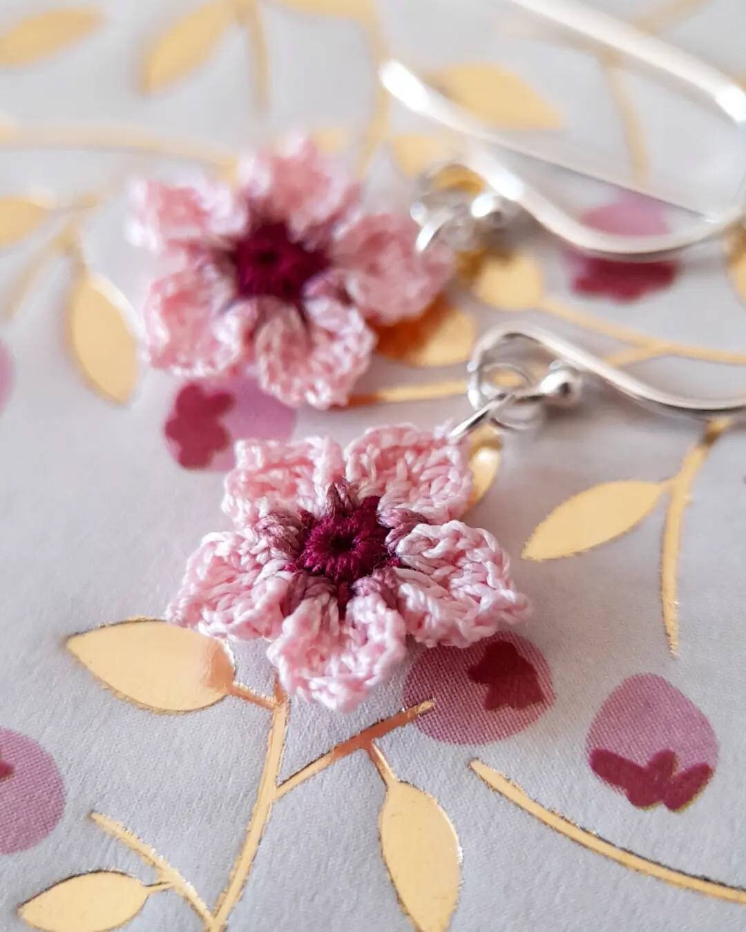 Crochet Cherry Blossom Drop Earrings: Sterling Silver, Micro