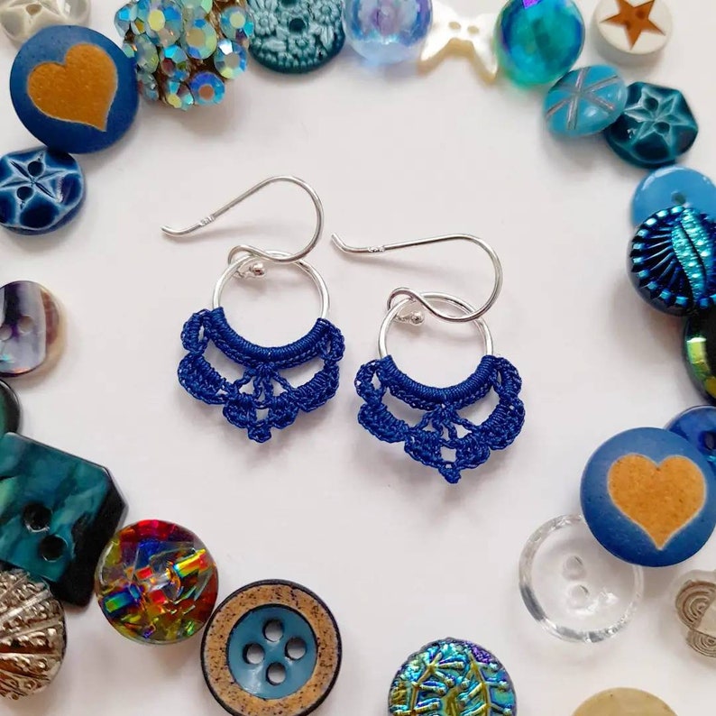 Crochet hoop earrings, royal blue crochet earrings, sterling silver hoops, gifts for crocheters, micro crochet jewellery, gifts for knitters image 4