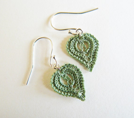 Green, Leaf Earrings, crochet lace leaf jewellery, vintage lace, second  wedding anniversary gift, sterling silver, gifts for her, Thank you