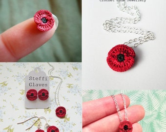 Micro crochet pattern poppy jewellery, poppy earring DIY, gift for her, crochet flower making tutorial, crochet PDF pattern digital download