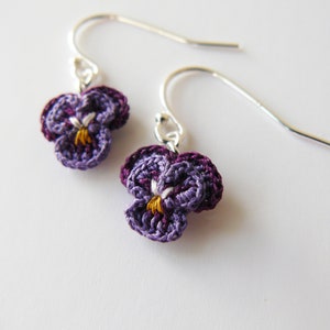 Pansy earrings, Crochet Pansy earrings, Crochet lace, Sterling silver, Flower jewellery, Embroidered jewellery, Wedding jewellery image 3