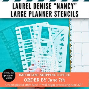 May include: Two translucent white plastic planner stencils featuring various geometric shapes, icons, and cutouts for organisation. The stencils have a punched edge for binding and are displayed alongside a monthly calendar page with tabbed dividers.