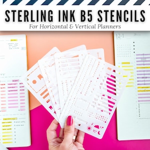May include: A set of white plastic B5 stencils for horizontal and vertical planners, featuring various cut-out shapes including boxes, lines, icons, and weather symbols. The text STERLING INK B5 STENCILS For Horizontal & Vertical Planners is visible.