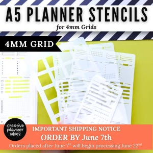 May include: A set of translucent A5 planner stencils designed for 4mm grids. The stencils feature various cutouts for lists, checkboxes, and organisational layouts. The text A5 PLANNER STENCILS for 4mm Grids and 4MM GRID is visible.