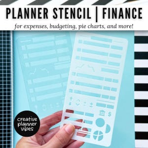 May include: A clear plastic planner stencil with cut-out shapes for finance planning. The stencil includes shapes for charts, graphs, and budgeting. Text on the stencil reads "PLANNER STENCIL | FINANCE" and "for expenses, budgeting, pie charts, and more!"