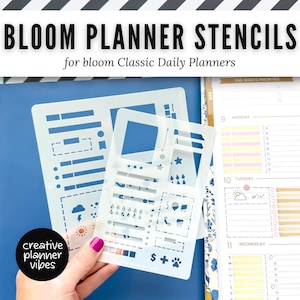 May include: Two translucent plastic planner stencils featuring various cut-out shapes including boxes, lines, stars, weather icons, and a paw print. The text BLOOM PLANNER STENCILS for bloom Classic Daily Planners is visible at the top of the image.