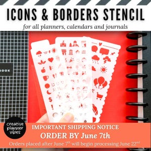 May include: Three white plastic stencils featuring various cut-out icons and borders, including weather symbols, hearts, food items, and speech bubbles. The text ICONS & BORDERS STENCIL for all planners, calendars and journals is printed at the top.