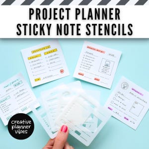 May include: A set of translucent white plastic stencils for sticky notes, featuring various layouts for project planning, task lists, and scheduling. The stencils are displayed alongside four white sticky notes with handwritten project details.