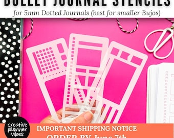 May include: Three translucent plastic bullet journal stencils featuring various geometric cutouts, grids, and shapes for 5mm dotted journals. The stencils are held against a bright pink background with white text reading BULLET JOURNAL STENCILS.