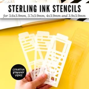 May include: Three translucent plastic stencils labelled STERLING INK STENCILS for 3.6x3.9mm, 3.7x3.9mm, 4x3.9mm and 3.9x3.9mm. The stencils feature various rectangular and circular cutouts for planning. A black circular logo reads creative planner vibes.