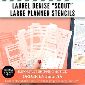 May include: A set of translucent plastic Laurel Denise Scout large planner stencils featuring various cut-out shapes, icons, and lines for organising schedules. The stencils include symbols for tasks, notes, and tracking, designed for use in a planner.