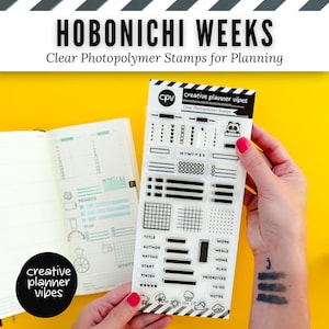 May include: A sheet of clear photopolymer stamps labelled Creative Planner Vibes, featuring various icons, checklists, grids, and text like Title, Author, Rating, Work, Meals, Home, Plan, Priorities, To Do, and Notes, alongside a planner.