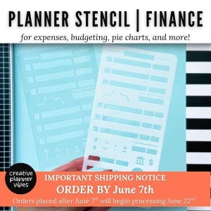 Könnte beinhalten: Eine halbtransparente Kunststoff-Planerschablone mit Ausstanzungen für die Finanzplanung, einschließlich horizontaler Linien, Trendpfeilen, mathematischer Symbole, einem Bank-Symbol und einem Dollarzeichen für Ausgaben und Budgets.
