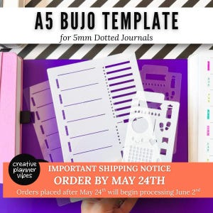 Puede incluir: Plantillas blancas A5 Bujo para diarios punteados de 5 mm. La imagen muestra varias plantillas con diferentes diseños, incluyendo páginas rayadas, un calendario y otros elementos decorativos. El texto "A5 BUJO TEMPLATE" está en la parte superior.